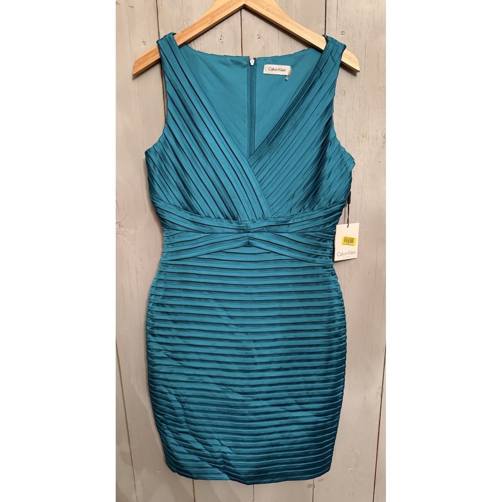 Calvin Klein Teal Green Satin Bandage Dress 6 Cocktail Party Event New 168$